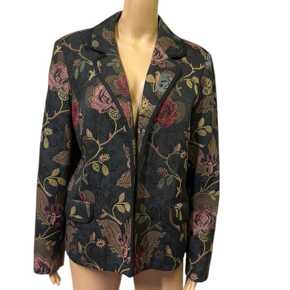 Vintage Coldwater Creek Black Floral Tapestry Open Front Jacket Dark Romance L
